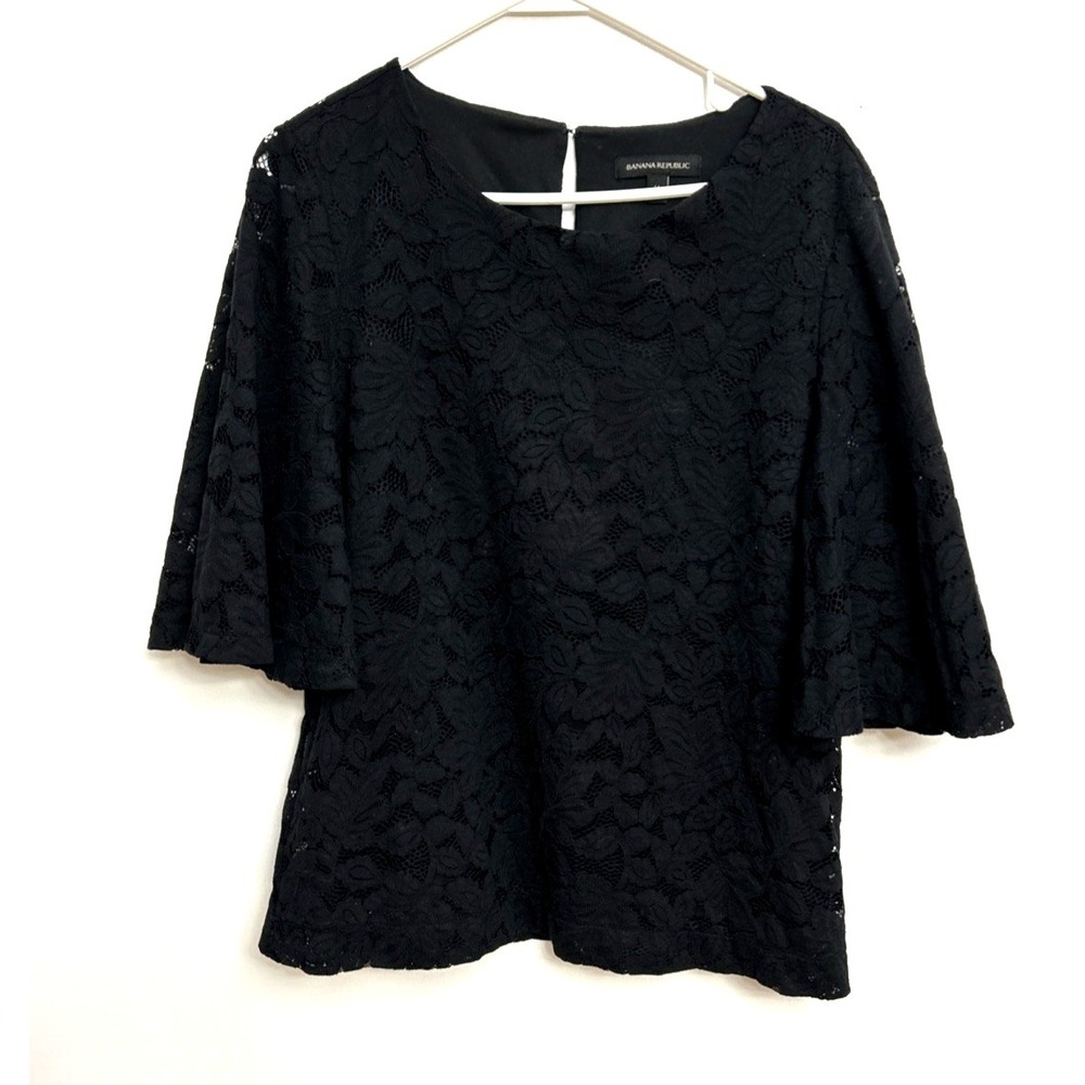Banana Republic Black Lace Blouse Top Women Sz M Short Bell Sleeve Flirty Lined